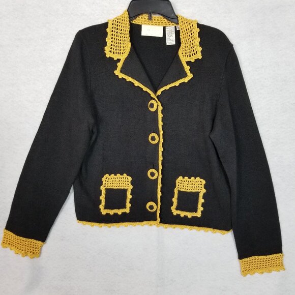 CACHE Women's Black With Gold Crochet Accents Cardigan Sweater Size Large ~ 4449 - Picture 1 of 6